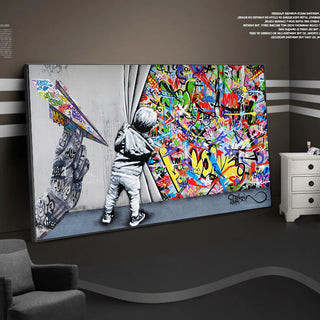 Graffiti Street Art Boy Behind The Curtain Canvas Wall Art-Wall Posters