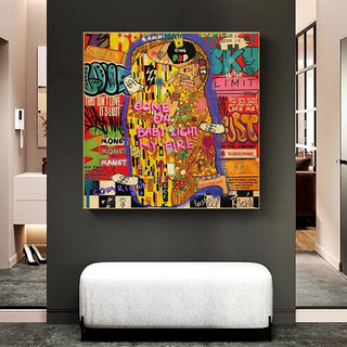 Graffiti Wall Art Lovers Kiss Canvas Wall Art-Wall Posters