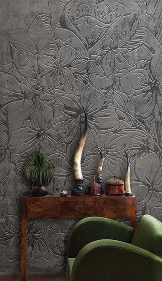 Gray Emboss Florals Wallpaper Mural-Flower & Leaf Wallpaper