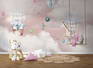 Kids Nursery Wallpaper Mural - Animals on Air Balloon-Kids Room Wallpaper