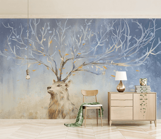 Midnight Reindeer Tree Trunks Wallpaper Mural-Trees Wallpaper