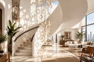 Minimalist Rings Staircase Chandelier – Chromium Black or Gold, 3 to 28 Heads, 4 Colour Modes