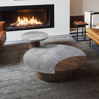 Natural Marble Edge Coffee Table – Modern Round Stone Top with Walnut Wood-GraffitiWallArt