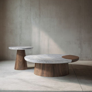 Natural Marble Edge Coffee Table – Modern Round Stone Top with Walnut Wood-GraffitiWallArt