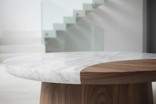 Natural Marble Edge Coffee Table | Round Stone Top & Walnut Wood Base | Single & Twin Set