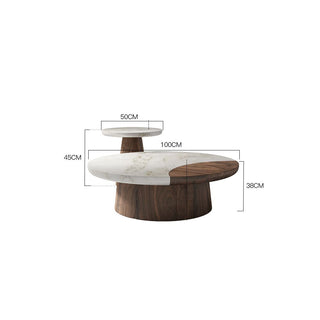 Natural Marble Edge Coffee Table – Modern Round Stone Top with Walnut Wood-GraffitiWallArt