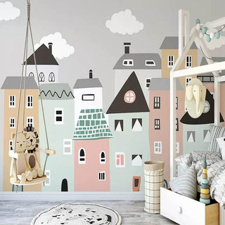 Pastel Color Houses Theme Nursery Wallpaper-Kids Room Wallpaper