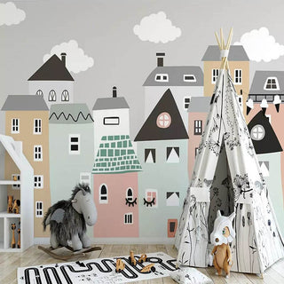 Pastel Color Houses Theme Nursery Wallpaper-Kids Room Wallpaper