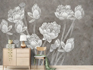 Pencil Sketch Flowers Wallpaper Mural-Flower & Leaf Wallpaper