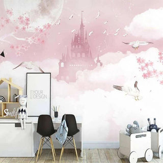 Pink Castle in Clouds Nursery Wallpaper-Kids Room Wallpaper