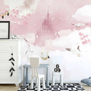 Pink Castle in Clouds Nursery Wallpaper-Kids Room Wallpaper