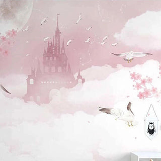 Pink Castle in Clouds Nursery Wallpaper-Kids Room Wallpaper