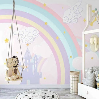 Pink Castle with Rainbow Nursery Wallpaper-Kids Room Wallpaper