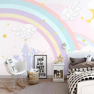 Pink Castle with Rainbow Nursery Wallpaper-Kids Room Wallpaper