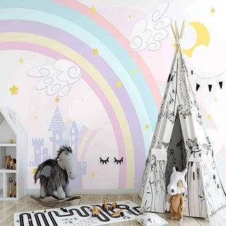 Pink Castle with Rainbow Nursery Wallpaper-Kids Room Wallpaper