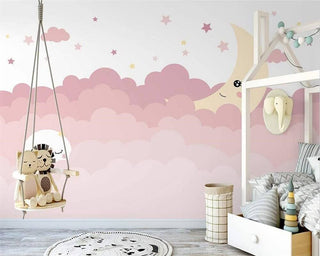 Pink Shade Cloud Waves and Moon Nursery Wallpaper-Kids Room Wallpaper