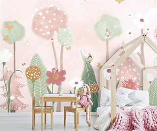 Pink and Green Shade Forest with Fairies Flying Nursery Wallpaper-Kids Room Wallpaper