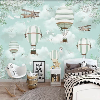 Polar Bears Flying on Air Balloons Nursery Wallpaper-Kids Room Wallpaper