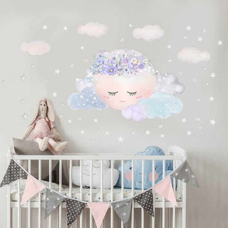 Purple Flower Sleeping Moon Clouds and Stars Wall Sticker-Wallpapers Murals