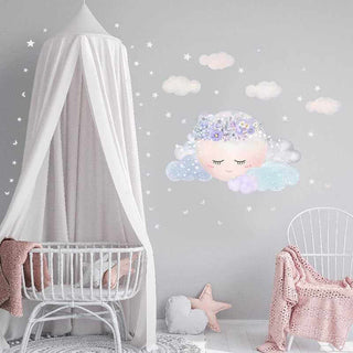 Purple Flower Sleeping Moon Clouds and Stars Wall Sticker-Wallpapers Murals