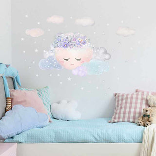 Purple Flower Sleeping Moon Clouds and Stars Wall Sticker-Wallpapers Murals