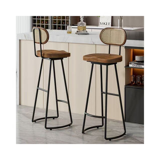 GraffitiWallArt-Retro Rattan Solid Wood Bar Chair Stool