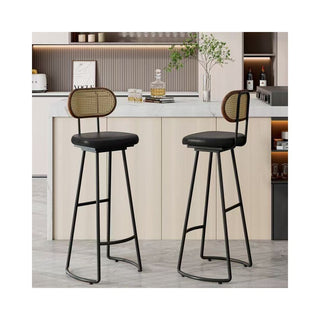 GraffitiWallArt-Retro Rattan Solid Wood Bar Chair Stool