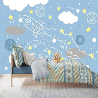 Rocket to Space Sketch Nursery Wallpaper-Kids Room Wallpaper
