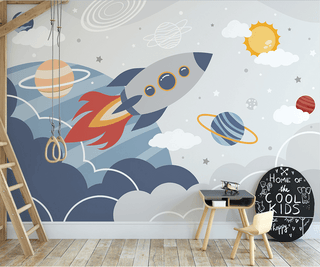 Rocket to Space over Earth Nursery Wallpaper-Kids Room Wallpaper