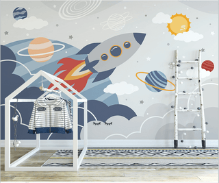 Rocket to Space over Earth Nursery Wallpaper-Kids Room Wallpaper