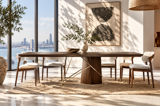 Handcrafted solid wood dining table with a dark finish, sculptural pedestal base, and gold accents in a sunlit room.