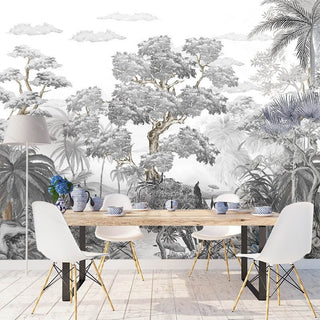 Sophisticated Monochrome Jungle Mural Wallpaper-Trees Wallpaper