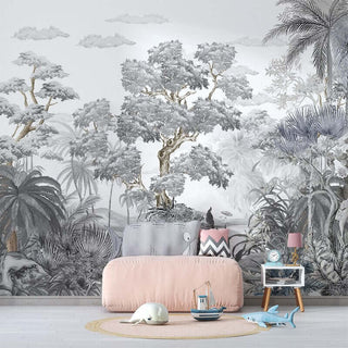 Sophisticated Monochrome Jungle Mural Wallpaper-Trees Wallpaper