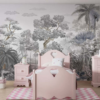 Sophisticated Monochrome Jungle Mural Wallpaper-Trees Wallpaper
