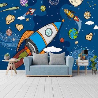 Stellar Adventure Cosmic Space Rocket Wallpaper-Kids Room Wallpaper