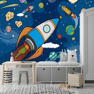 Stellar Adventure Cosmic Space Rocket Wallpaper-Kids Room Wallpaper
