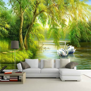 Swans in Lake Wallpaper - Transform Your Space-Trees Wallpaper