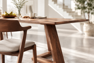 Minimalist solid wood dining table with angled legs and a matching chair featuring a light upholstered seat.