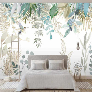 Tropical Plant Leaves Flowers And Birds Wallpaper Mural-Flower & Leaf Wallpaper