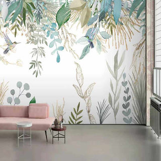 Tropical Plant Leaves Flowers And Birds Wallpaper Mural-Flower & Leaf Wallpaper