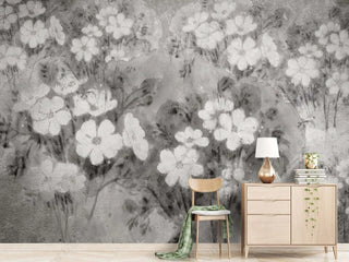 Vintage Black and White Flowers Wallpaper Mural-Flower & Leaf Wallpaper