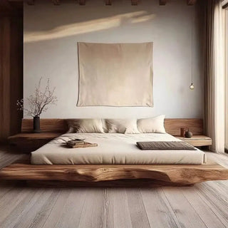 Wabi-Sabi Solid Camphor Wood Bed Frame – Full Set with Attached Sides