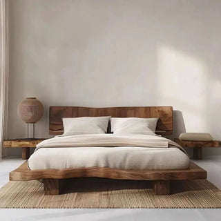 Wabi-Sabi Solid Camphor Wood Bed Frame with Attached Sides – Minimalist Platform Design