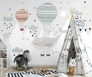 Whale and Air Balloons Kids Room Wallpaper Mural-Kids Room Wallpaper