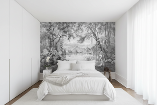 Whispering Shadows: Black And White Forest Wallpaper