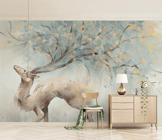 Winter Reindeer Tree Trunks Wallpaper Mural-Trees Wallpaper