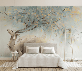 Winter Reindeer Tree Trunks Wallpaper Mural-Trees Wallpaper