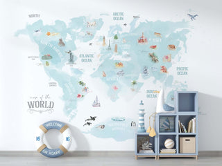 World Map Blue Theme - Kids Room Wallpaper Mural-Kids Room Wallpaper