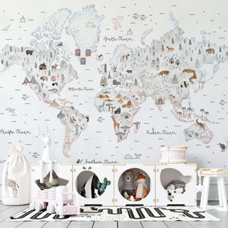 World Map White Theme - Kids Room Wallpaper Mural-Kids Room Wallpaper