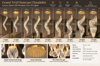 Großer Wendeltreppen-Kronleuchter – Luxuriöse Spiral-LED-Pendelleuchte, 8 bis 70 Leuchten